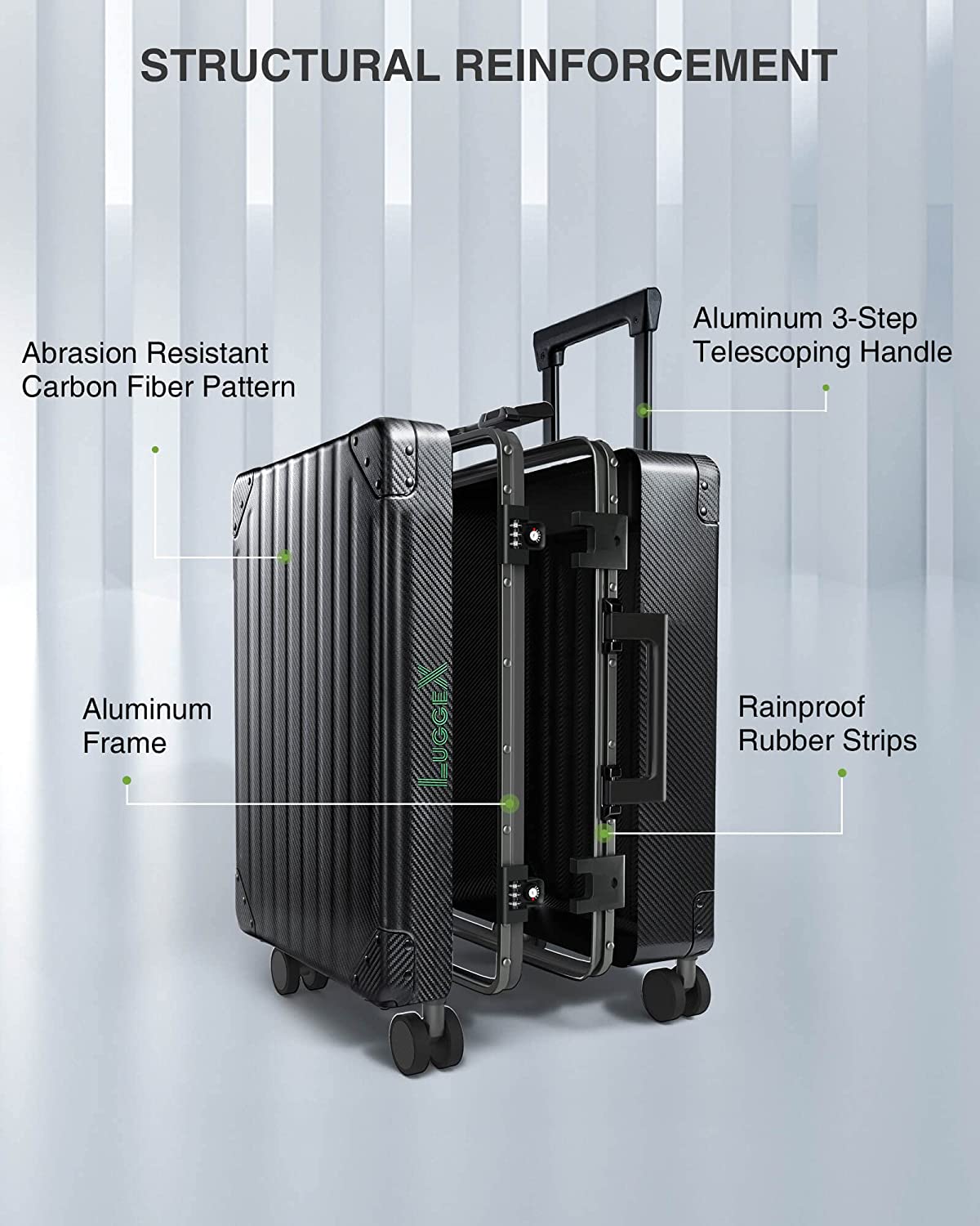LUGGEX Aluminum Luggage Checked， 24 Inch No Zipper Luggage Metal Suitcase， Classy Carbon Fiber Pattern for Elegant Journey (Metal Suitcases with Wheels) - Image 1